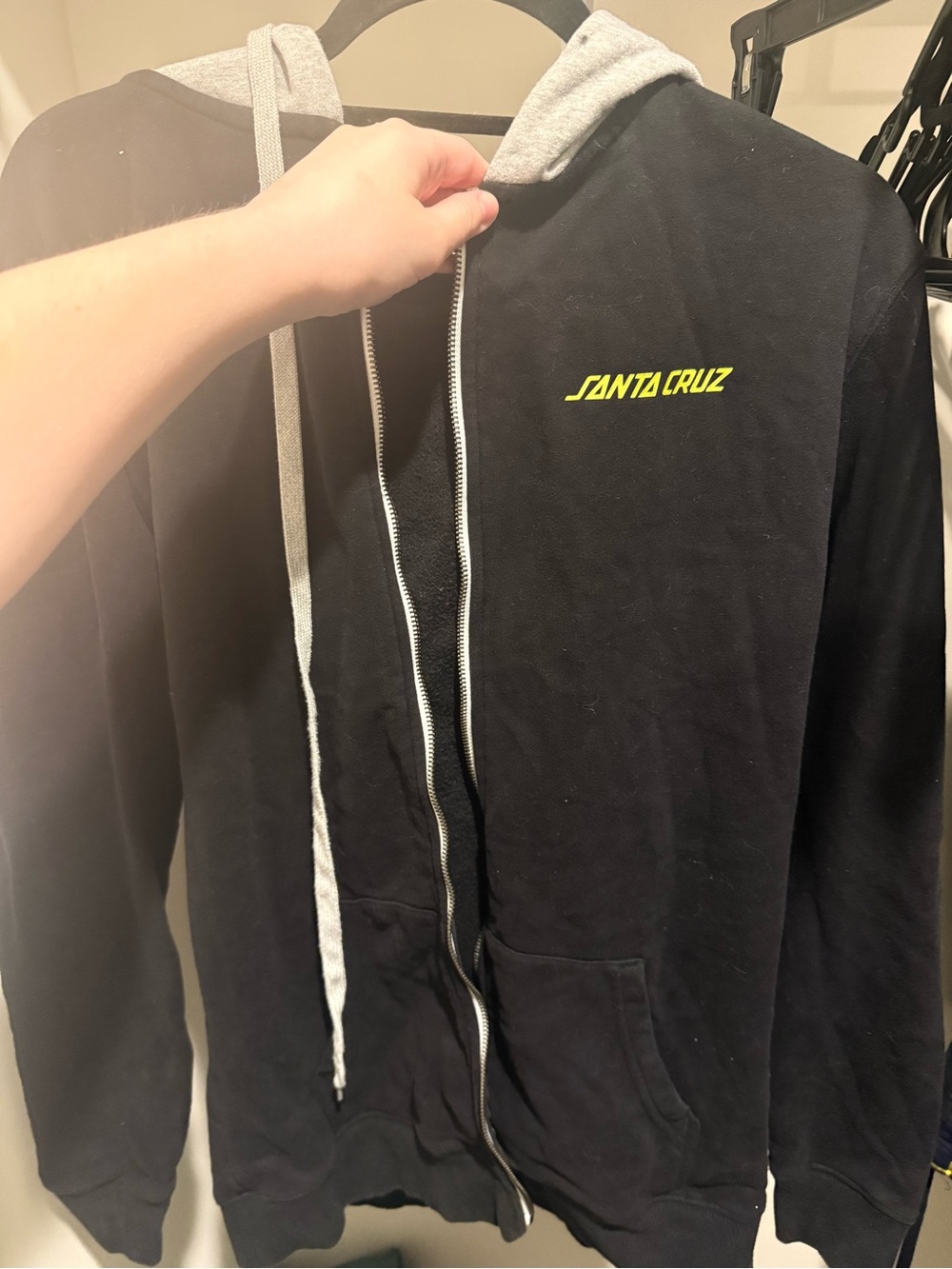 Santa Cruz Skateboards Black Zip-Up Hoodie with Gray Hood and Yellow Logo